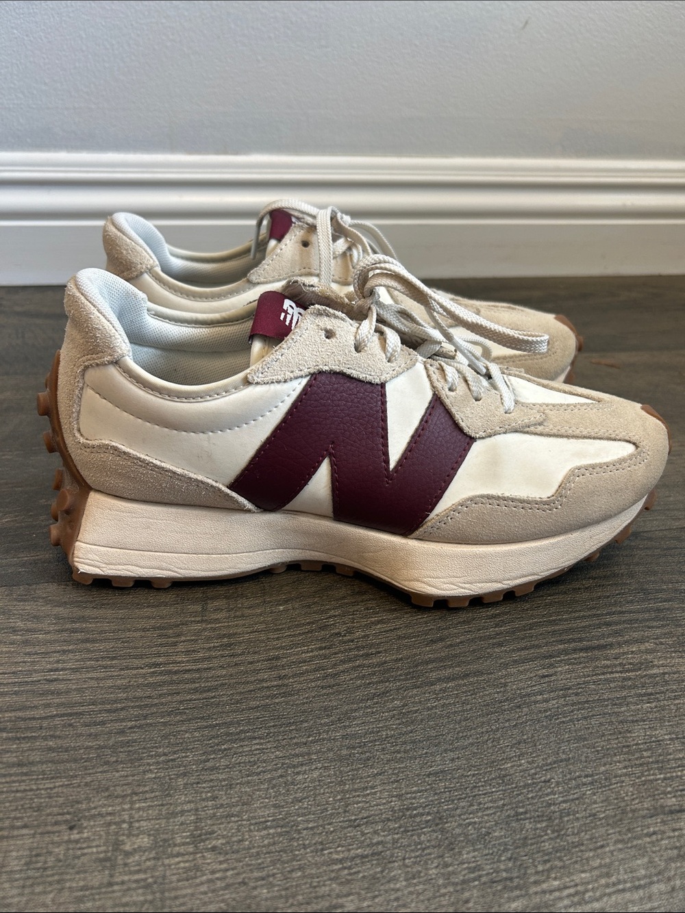 New Balance 327 Cream and Maroon Casual Runner Sneakers